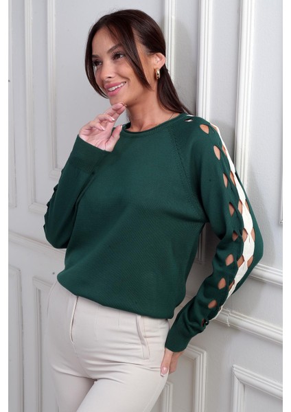 Kadın Kolu Şerit Dekolteli Triko Bluz