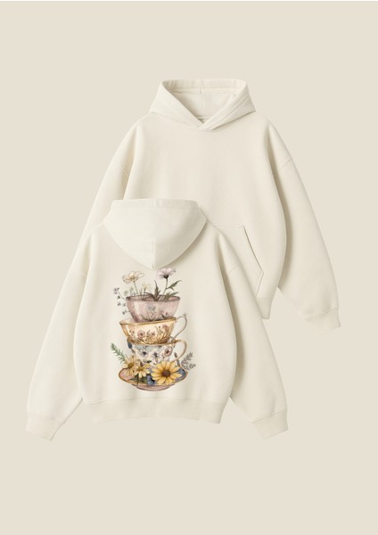 Çay Bardağı Baskılı Unisex Boxy Fit Hoodie Sweatshirt