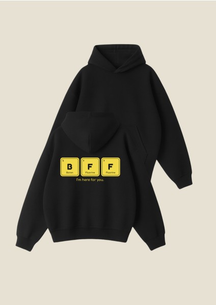 Bff Baskılı Siyah Unisex Boxy Fit Hoodie Sweatshirt