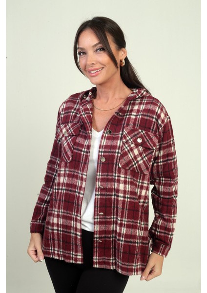 Kadın Kapüşonlu Ekose Desenli Metal Düğmeli Cepli Gömlek modelleri