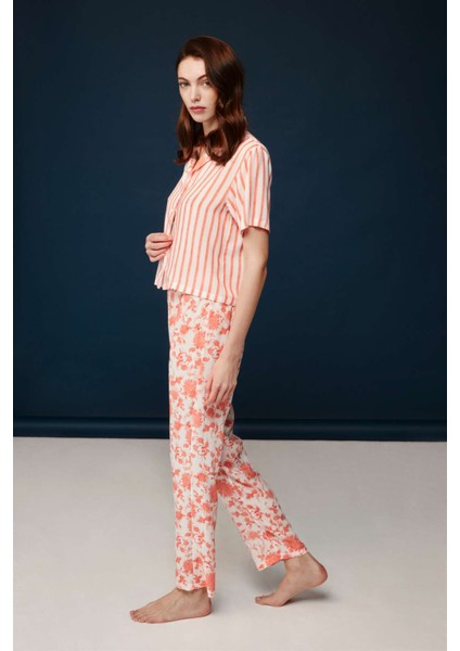 Kadın Somon Zarif Çicek Desenli Gömlek Üst Alt 2'li Pijama Takımı 30004 modelleri