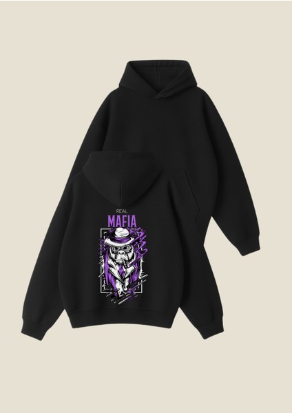 Real Mafia Baskılı Siyah Unisex Boxy Fit Hoodie Sweatshirt