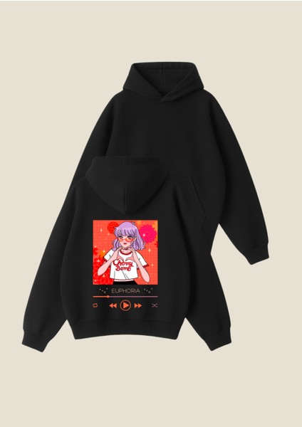 Euphoria Baskılı Siyah Unisex Boxy Fit Hoodie Sweatshirt