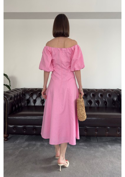 Balon Kol Premium Keten Elbise- Pembe