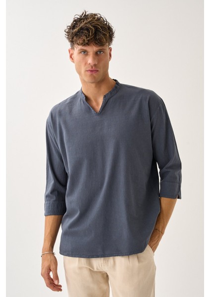 Erkek Fakir Kol V Yaka Rahat Kalıp %100 Pamuk Gömlek E228