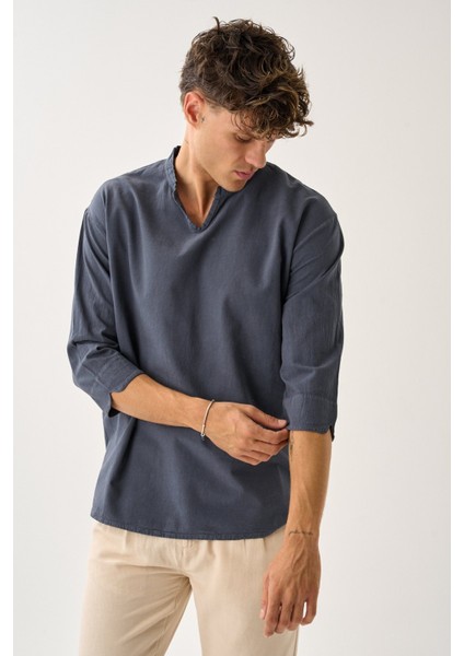 Erkek Fakir Kol V Yaka Rahat Kalıp %100 Pamuk Gömlek E228