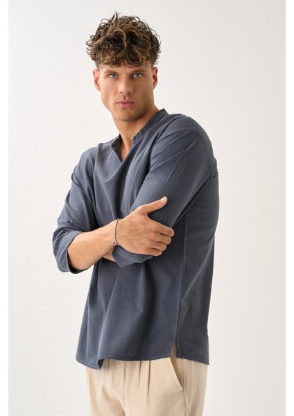 Erkek Fakir Kol V Yaka Rahat Kalıp %100 Pamuk Gömlek E228