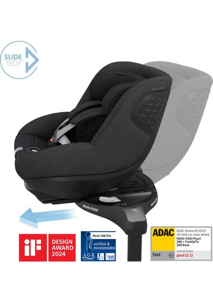 Pearl 360 Pro Dünyanın İlk Kızaklı, Araç Dışına Çıkabilen 360 Dönebilen Yatabilen İsofix Bazalı Bebek Oto Koltuğu 0-18 kg Authentic Black
