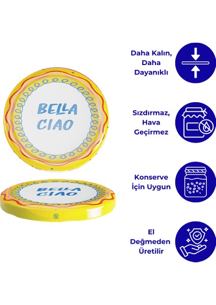 Hijyenik Paketli 10 Adet Kavanoz Kapağı Dolce Vita Desenler 82 mm - Bella Ciao Sarı