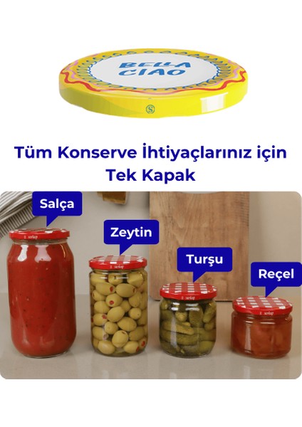 Hijyenik Paketli 10 Adet Kavanoz Kapağı Dolce Vita Desenler 82 mm - Bella Ciao Sarı