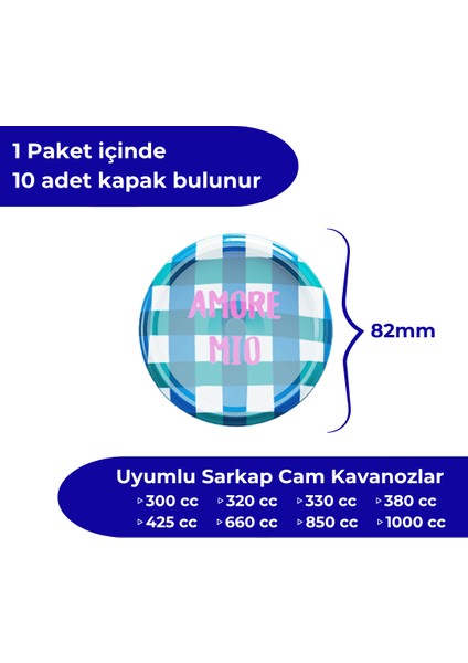 Hijyenik Paketli 10 Adet Kavanoz Kapağı Dolce Vita Desenler 82 mm - Amore Mio Mavi