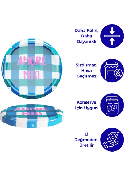Hijyenik Paketli 10 Adet Kavanoz Kapağı Dolce Vita Desenler 82 mm - Amore Mio Mavi