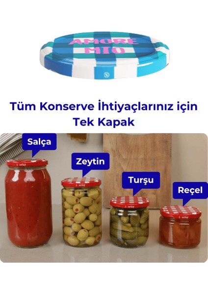 Hijyenik Paketli 10 Adet Kavanoz Kapağı Dolce Vita Desenler 82 mm - Amore Mio Mavi