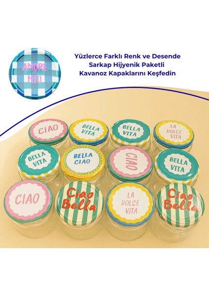 Hijyenik Paketli 10 Adet Kavanoz Kapağı Dolce Vita Desenler 82 mm - Amore Mio Mavi