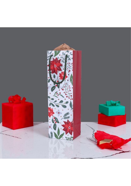 Home Özel Tasarım Kırmızı Çiçek Desenli Hediyelik Karton Çanta