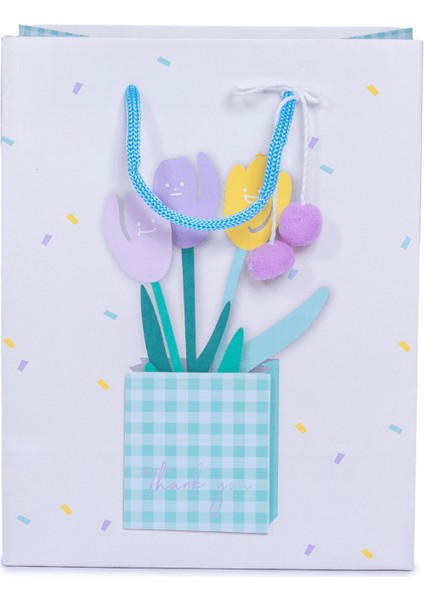 Home Özel Tasarım Mavi Saksı Desenli Hediyelik Karton Çanta