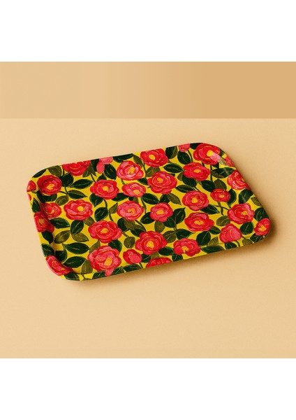 Çiçek Desenli Sunumluk Sarı Metal Tepsi