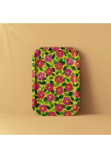 Çiçek Desenli Sunumluk Sarı Metal Tepsi