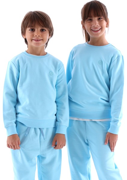 Yumuşacık Bambu Kumaş Şardonlu Mavi Kışlık Unisex Çocuk Sweatshirt