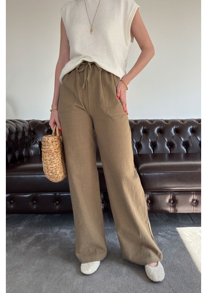 Çift Cepli Geniş Paça Keten Pantolon- Haki indirimleri