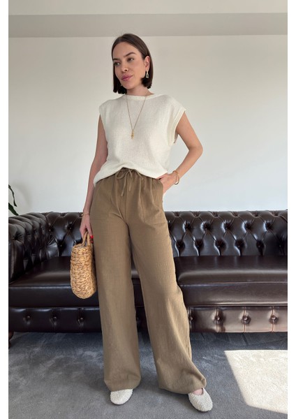 Çift Cepli Geniş Paça Keten Pantolon- Haki