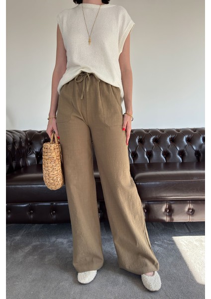 Çift Cepli Geniş Paça Keten Pantolon- Haki