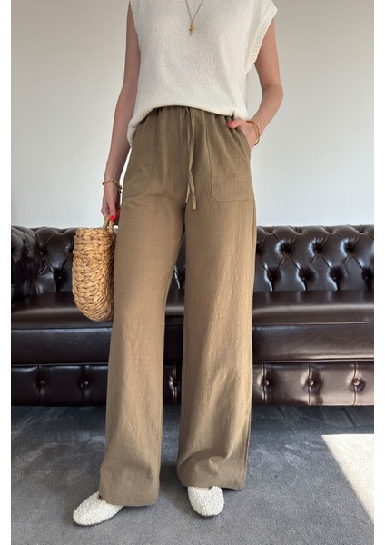 Çift Cepli Geniş Paça Keten Pantolon- Haki