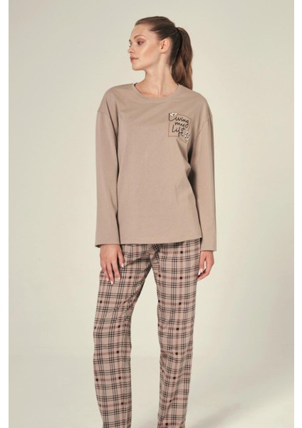 Ekose Altlı Uzun Kollu Rahat Kadın Pijama Takımı