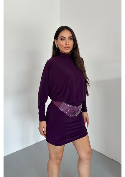 Kadın Elbise Mini Şık Kemerli Yarım Balıkçı Yaka Uzun Yarasa Kollu Dökümlü Sandy Elbise