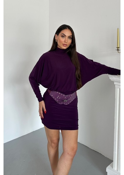 Kadın Elbise Mini Şık Kemerli Yarım Balıkçı Yaka Uzun Yarasa Kollu Dökümlü Sandy Elbise modelleri