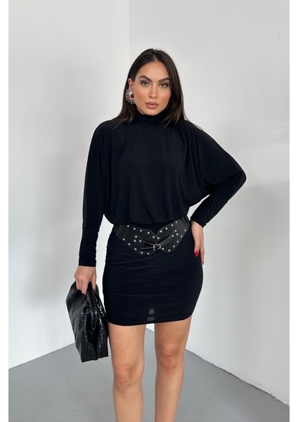 Kadın Elbise Mini Şık Kemerli Yarım Balıkçı Yaka Uzun Yarasa Kollu Dökümlü Sandy Elbise