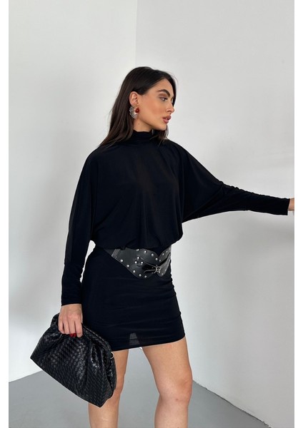 Kadın Elbise Mini Şık Kemerli Yarım Balıkçı Yaka Uzun Yarasa Kollu Dökümlü Sandy Elbise fiyatları