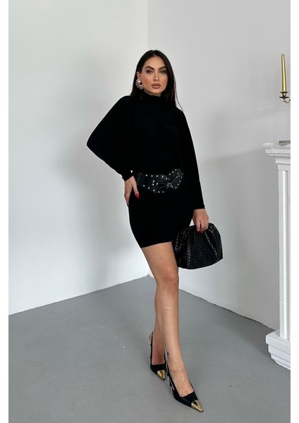 Kadın Elbise Mini Şık Kemerli Yarım Balıkçı Yaka Uzun Yarasa Kollu Dökümlü Sandy Elbise modelleri