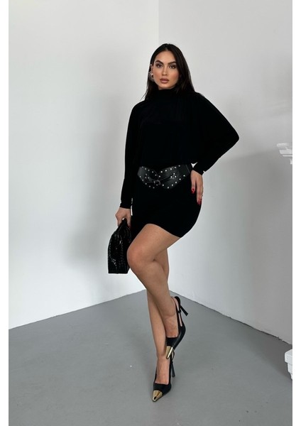 Kadın Elbise Mini Şık Kemerli Yarım Balıkçı Yaka Uzun Yarasa Kollu Dökümlü Sandy Elbise fırsatları