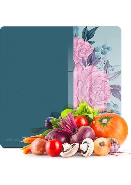 Cam Kesme Tahtası ve Sunumluk Kare Vintage Turkuaz Pembe Güller 30X30 cm