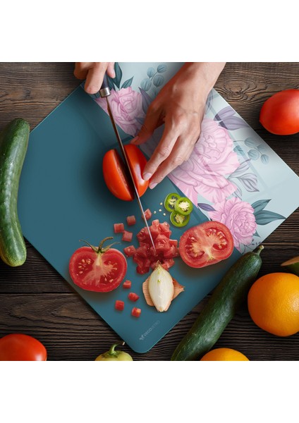 Cam Kesme Tahtası ve Sunumluk Kare Vintage Turkuaz Pembe Güller 30X30 cm fırsatları