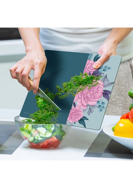 Cam Kesme Tahtası ve Sunumluk Kare Vintage Turkuaz Pembe Güller 30X30 cm indirimleri