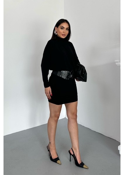 Kadın Elbise Mini Şık Kemerli Yarım Balıkçı Yaka Uzun Yarasa Kollu Dökümlü Sandy Elbise