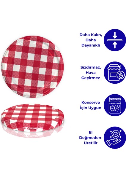 Hijyenik Paketli 10 Adet Kavanoz Kapağı – Mat Kırmızı Ekose – 82 mm