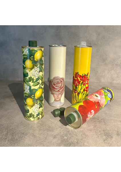 Home Dekoratif 750 ml Kapaklı Silindir Boş Metal Zeytinyağı Tenekesi Limon
