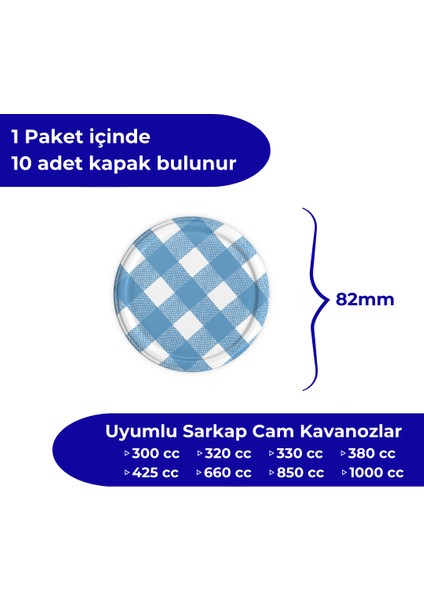 Hijyenik Paketli 10 Adet Kavanoz Kapağı – Mat Mavi Ekose – 82 mm