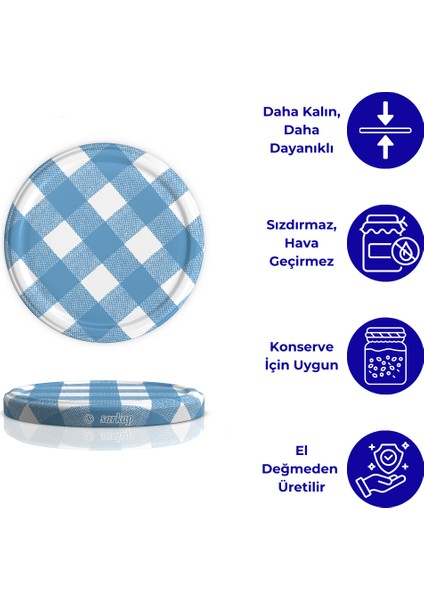 Hijyenik Paketli 10 Adet Kavanoz Kapağı – Mat Mavi Ekose – 82 mm