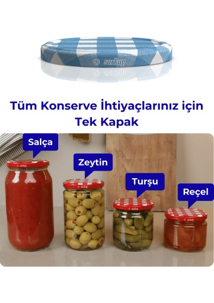Hijyenik Paketli 10 Adet Kavanoz Kapağı – Mat Mavi Ekose – 82 mm