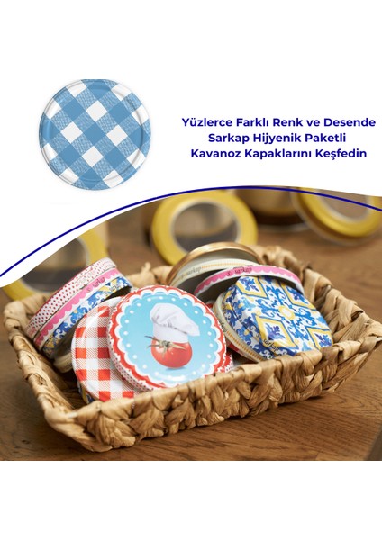 Hijyenik Paketli 10 Adet Kavanoz Kapağı – Mat Mavi Ekose – 82 mm