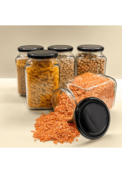 5'li 1000 ml Kapaklı Köşeli Cam Kavanoz - Siyah Kapaklı