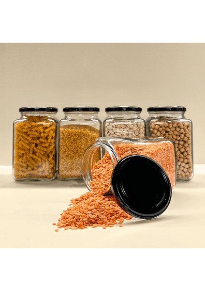 5'li 1000 ml Kapaklı Köşeli Cam Kavanoz - Siyah Kapaklı