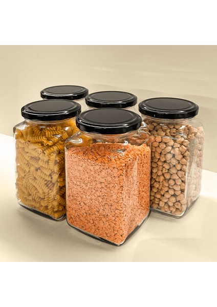 5'li 1000 ml Kapaklı Köşeli Cam Kavanoz - Siyah Kapaklı