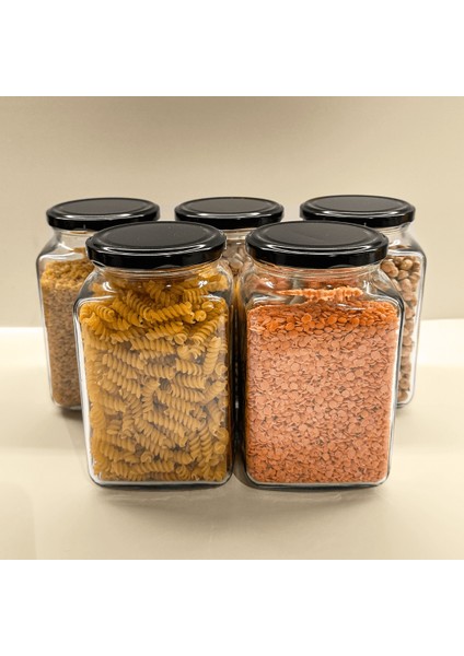 5'li 1000 ml Kapaklı Köşeli Cam Kavanoz - Siyah Kapaklı