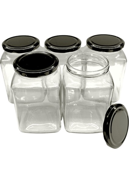 5'li 1000 ml Kapaklı Köşeli Cam Kavanoz - Siyah Kapaklı