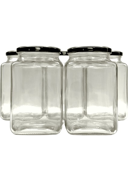 5'li 1000 ml Kapaklı Köşeli Cam Kavanoz - Siyah Kapaklı